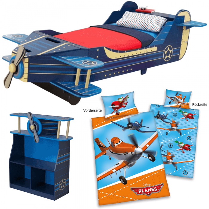 Set Airplane 3 piese - pat avion, biblioteca, etajera, lenjerie cu avioane